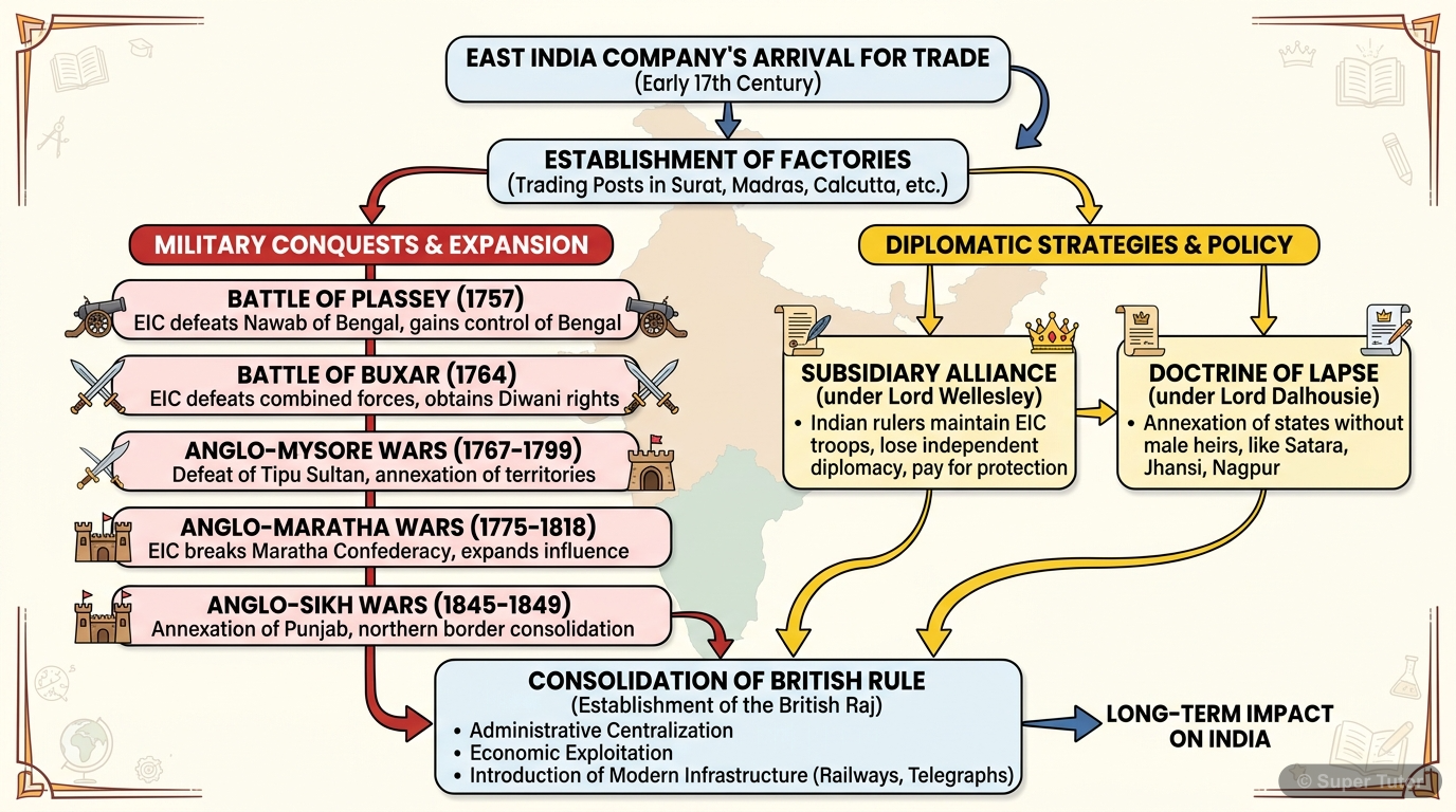 A flowchart illustrating the various methods used by the British to colonize India, including wars, treaties, subsidiary alliances, and the Doctrine of Lapse.