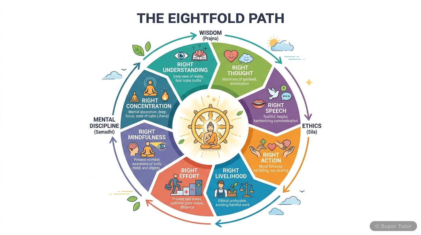 Buddha's Eightfold Path A diagram illustrating the Eightfold Path (Ashtangika Marga) of Buddhism, showing its components and their interconnectedness.