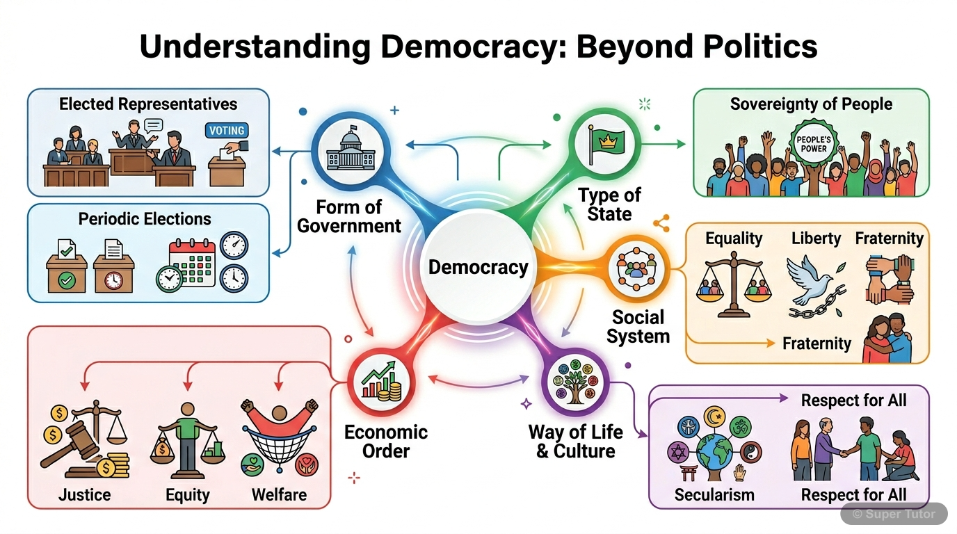 An infographic illustrating the comprehensive meaning of democracy, extending beyond just political aspects to include social, economic, and individual dimensions. It should show 'Democracy as a form 
