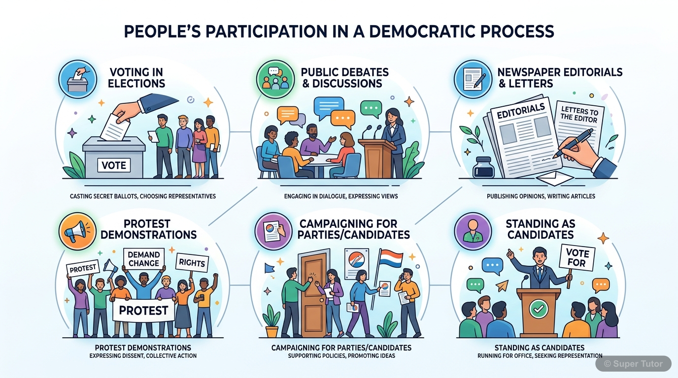 An infographic illustrating various ways citizens participate in a democracy, including voting, public debates, newspaper editorials, protest demonstrations, campaigning, and standing as candidates.
