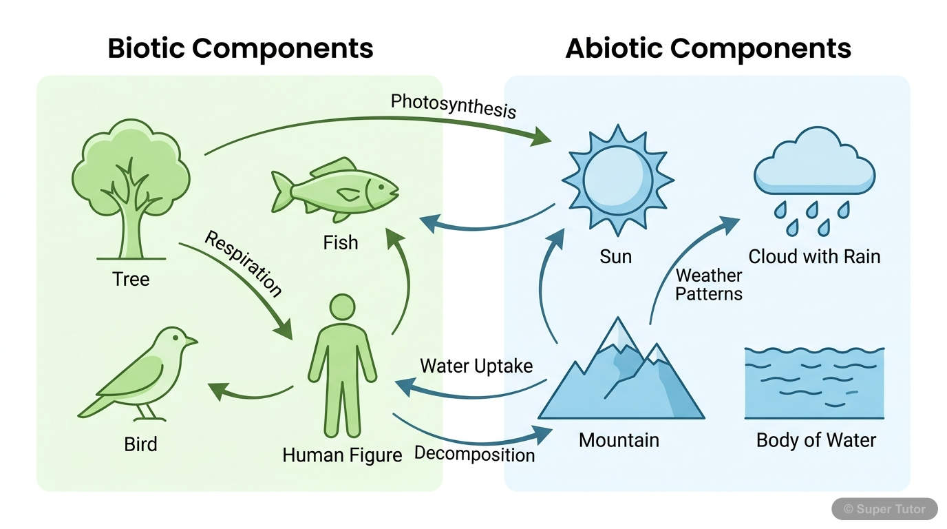 A labeled diagram illustrating the two main components of the environment: Biotic (living organisms) and Abiotic (non-living elements), with examples for each.