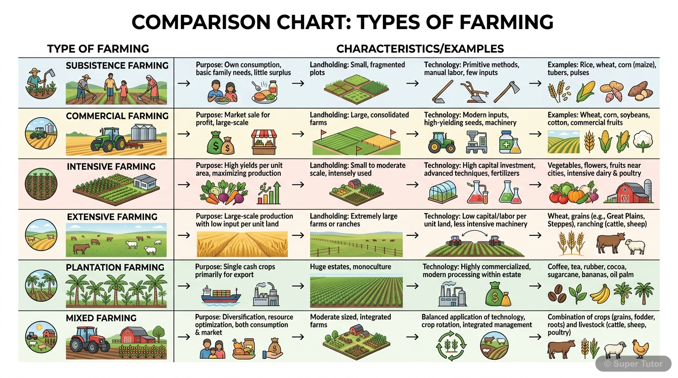 A comparison chart illustrating the key differences between various types of farming practiced in India, including Subsistence vs. Commercial, Intensive vs. Extensive, Plantation, and Mixed Farming, w
