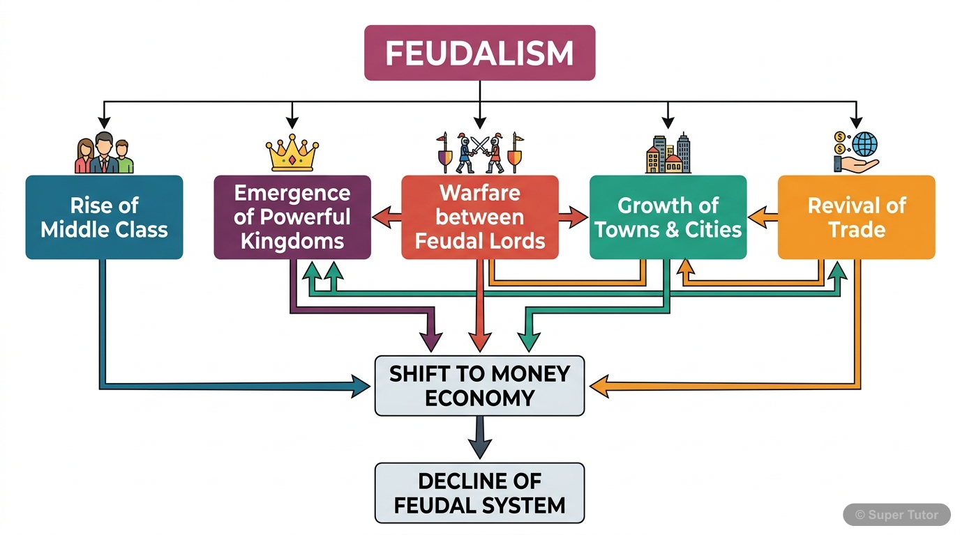 A flowchart illustrating the interconnected factors that led to the decline of the feudal system in Europe, including the rise of the middle class, powerful kingdoms, warfare, new towns, trade revival