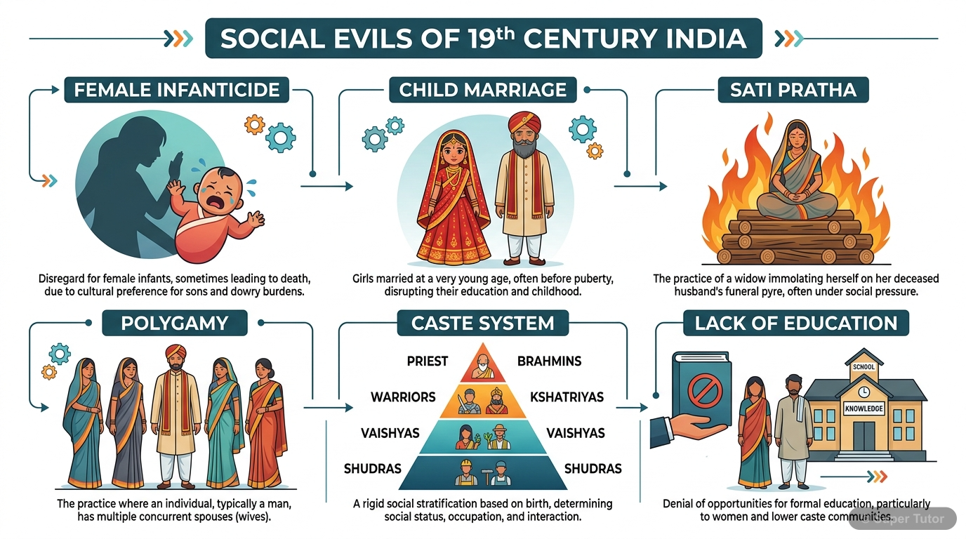 An infographic illustrating the major social evils prevalent in Indian society during the early 19th century, such as lack of education, female infanticide, child marriage, Sati Pratha, polygamy, and 