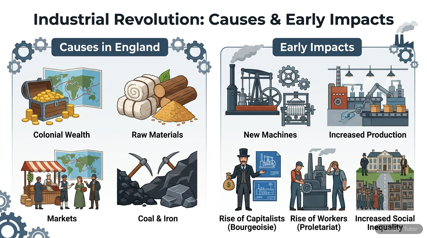 An infographic detailing the reasons for the Industrial Revolution starting in England (wealth, raw materials, markets, resources) and its immediate social impacts (new machines, increased production,