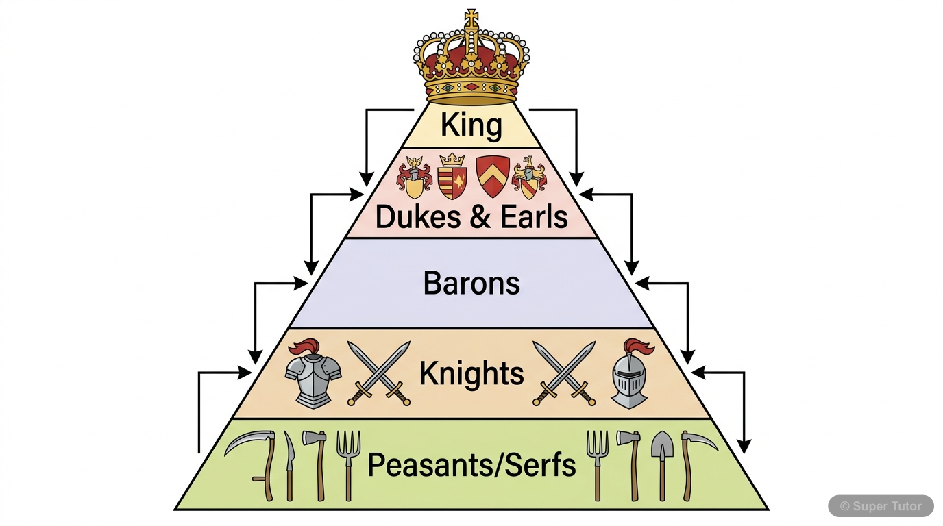A hierarchical diagram illustrating the political and social structure of feudalism in Medieval Europe, showing the King at the top, followed by Dukes/Earls, Barons, and Knights, with peasants/serfs a