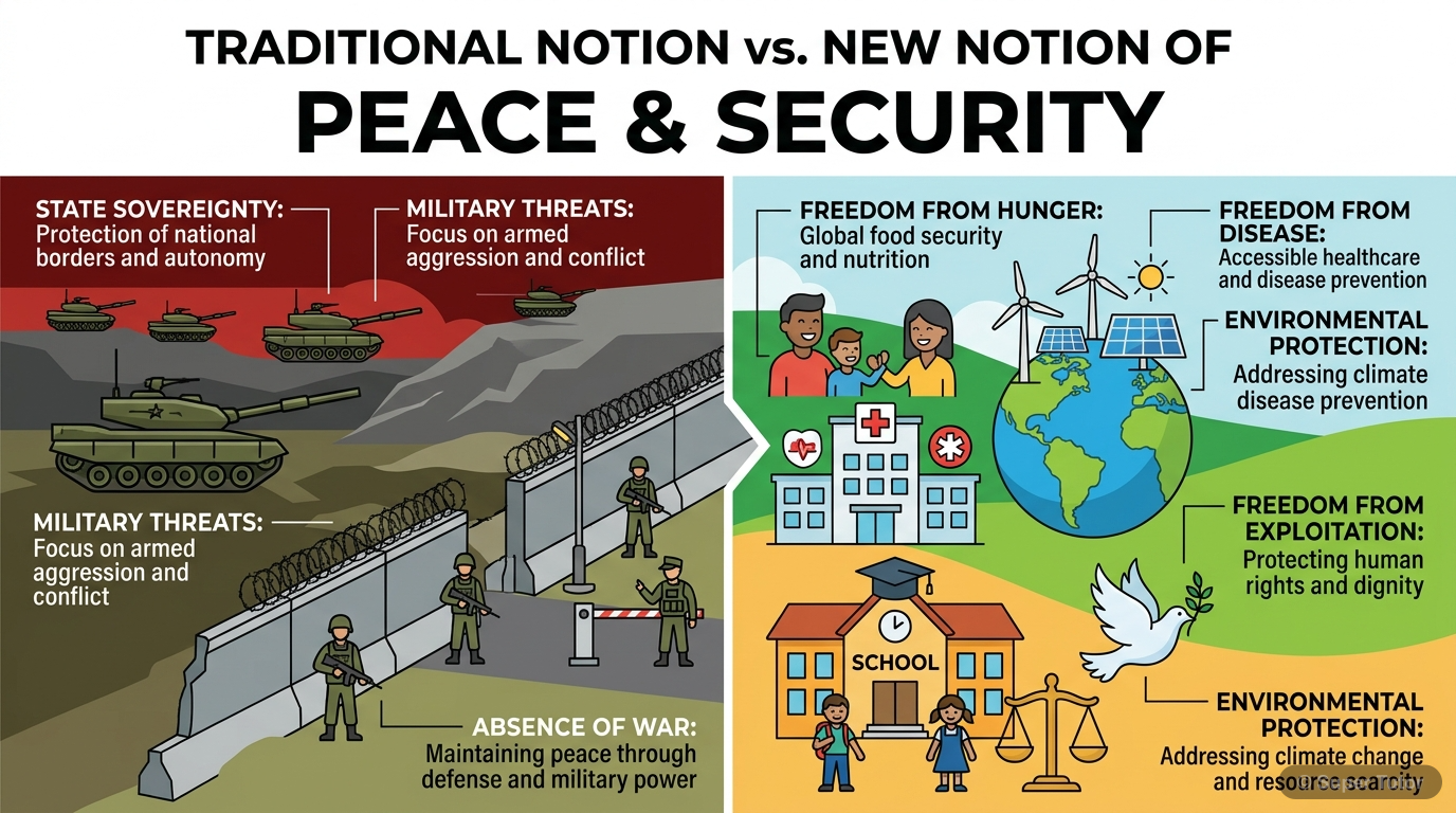 An infographic comparing and contrasting the traditional and new (non-traditional) understandings of peace and security, highlighting their key differences in focus, scope, and threats addressed.