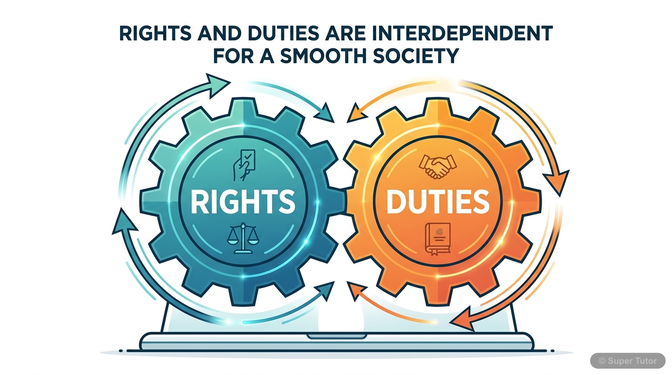 A diagram illustrating how rights and duties are two complementary aspects, like two wheels of a chariot, essential for a smooth functioning society. Shows that for every right, there is a correspondi