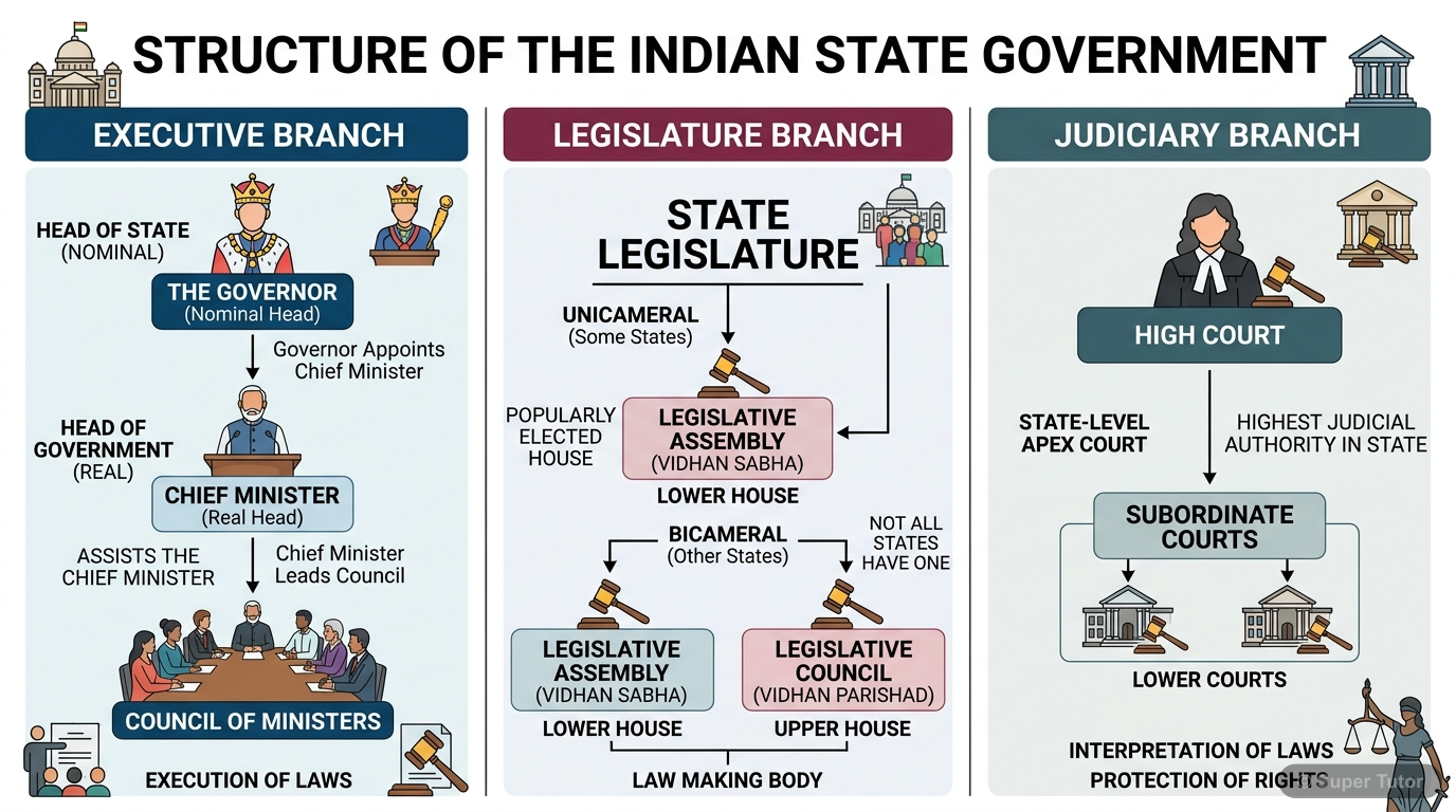 A labeled diagram illustrating the three branches of state government in India: Executive (Governor, Chief Minister, Council of Ministers), Legislature (Legislative Assembly, Legislative Council), and
