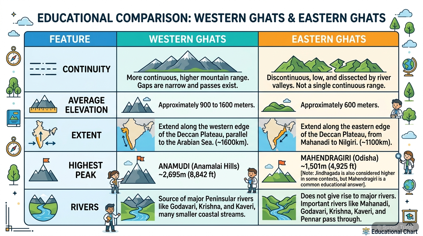 Comparison: Western Ghats vs. Eastern Ghats A comparison chart highlighting the key differences between the Western Ghats and Eastern Ghats of India, focusing on continuity, average elevation, extent, highest peak, and major rivers.