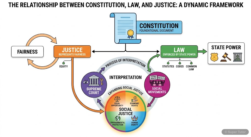 An infographic explaining the relationship between the Constitution, law, justice, and social justice, highlighting how the Constitution is the basis for laws, and how social movements and courts inte
