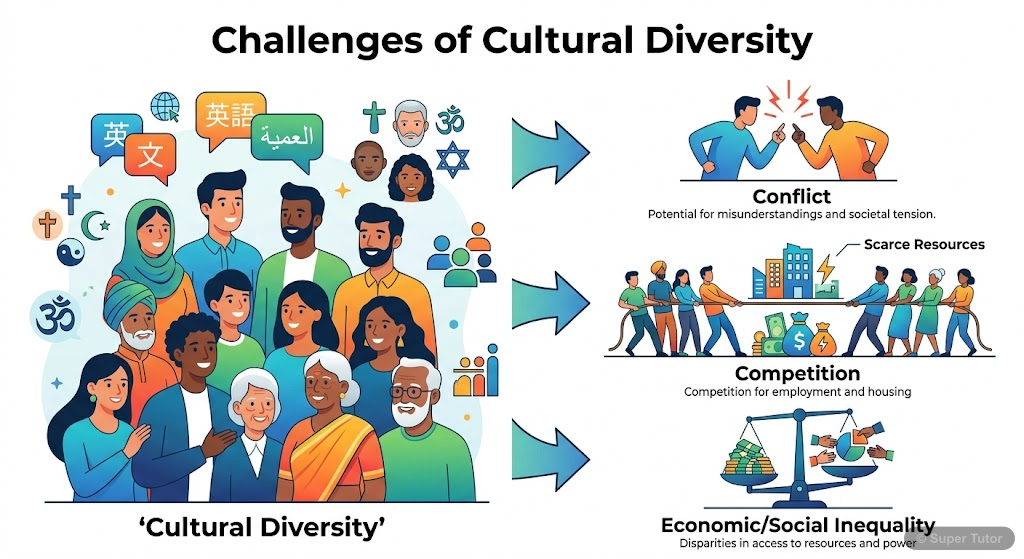 An infographic illustrating how cultural diversity, while enriching, can lead to challenges like competition, conflict, and the exacerbation of economic/social inequalities, especially when scarce res