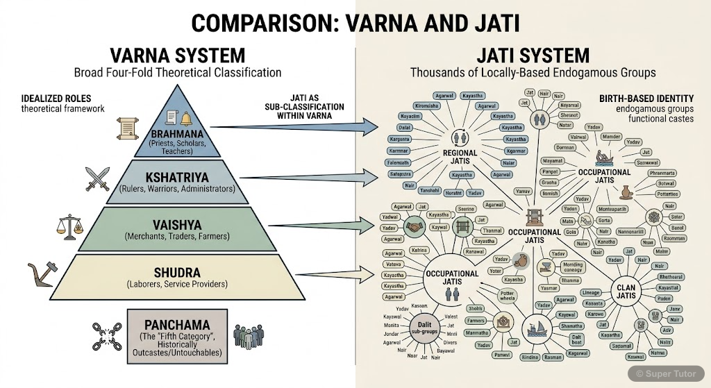 A comparison illustrating the difference between Varna (four-fold division) and Jati (local, complex sub-castes) in the Indian caste system, showing their relationship.