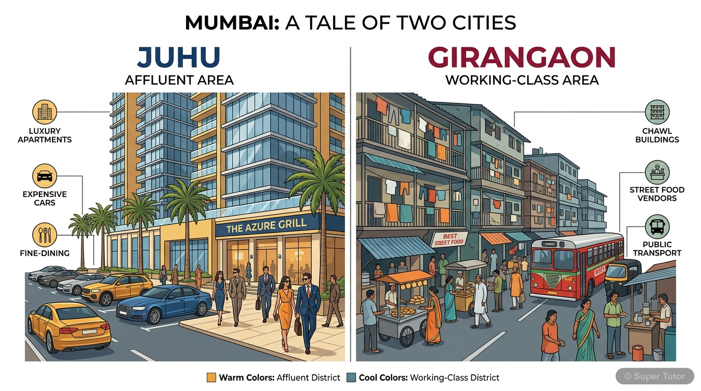 An illustration depicting the social and economic stratification in an industrial city like Mumbai, showing stark contrasts in living standards, housing, and consumption patterns between different soc