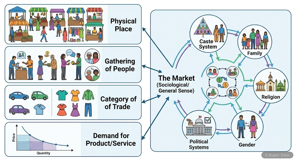 Multiple Meanings of 'Market' A comparison chart illustrating the different meanings of the word 'market' as a physical place, a gathering of people, a category of trade, and demand for a product, contrasting them with the broader