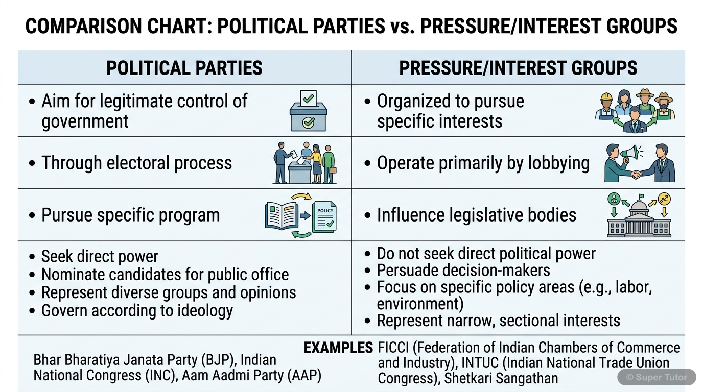 A comparison chart highlighting the key differences and relationships between political parties and pressure/interest groups in a democratic system, including their goals, methods, and relationship to