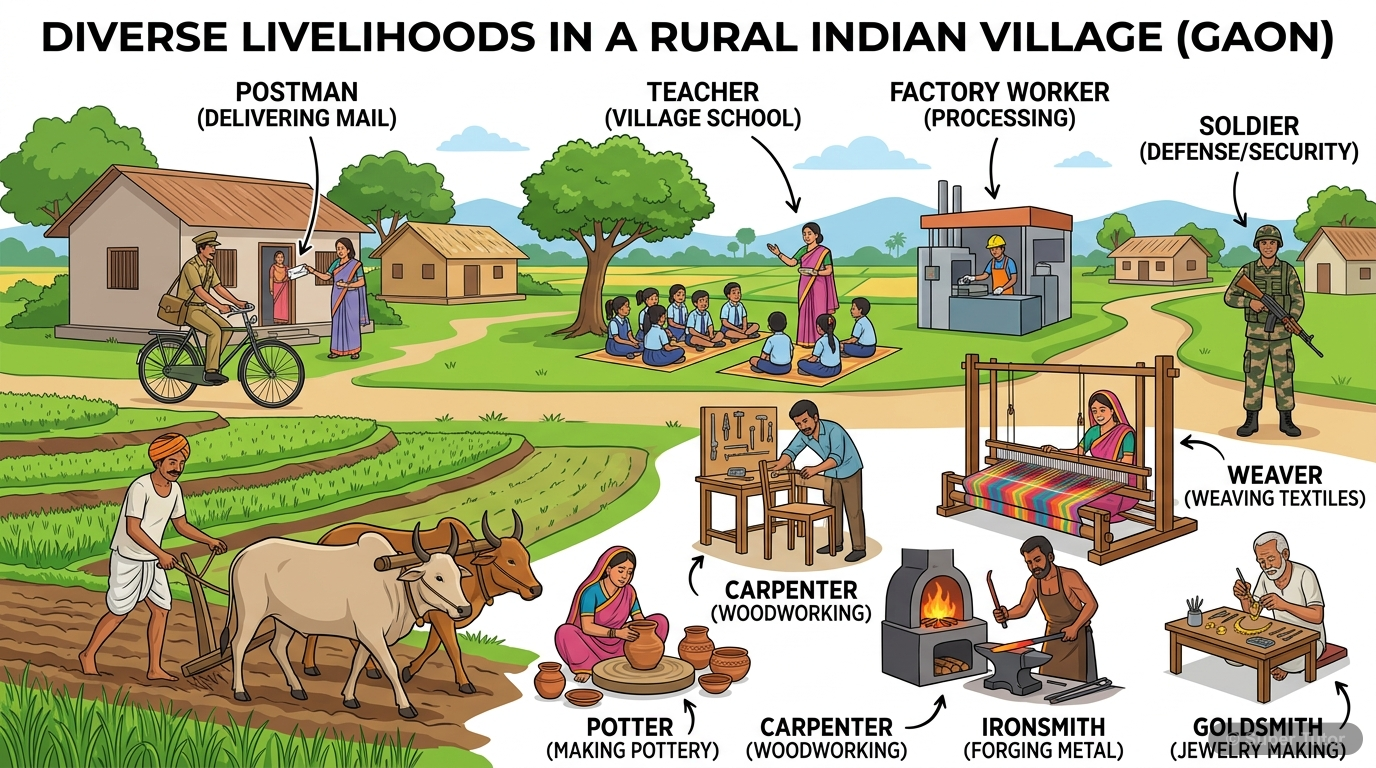 An illustration depicting various traditional and modern occupations in rural India, beyond just agriculture. Show artisans like potters, carpenters, weavers, ironsmiths, goldsmiths, alongside governm