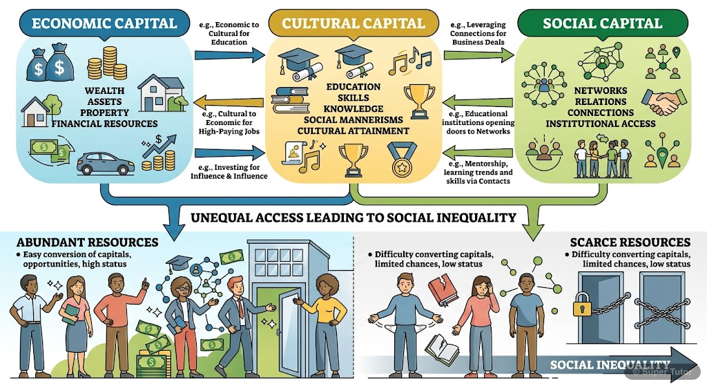 An infographic illustrating the three forms of capital (economic, cultural, social) and how unequal access to these resources leads to social inequality. Show examples for each type of capital.