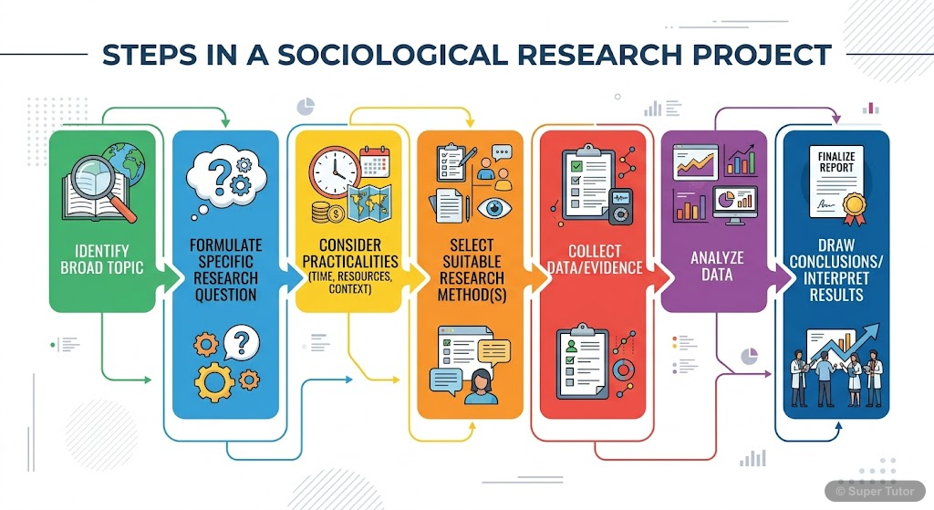 A flowchart illustrating the key steps involved in conducting a sociological research project, from formulating a question to selecting methods and analyzing data.