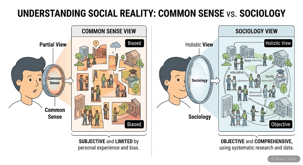 A comparison illustrating the difference between common sense knowledge about society (partial, biased) and sociological knowledge (holistic, objective).