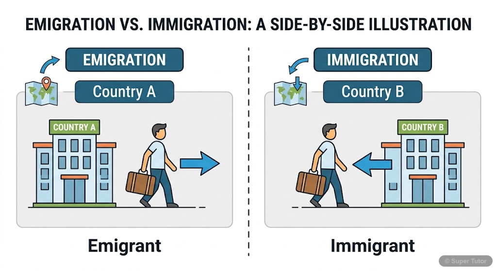 An illustration showing the difference between an emigrant (leaving a country) and an immigrant (entering a country) using arrows and country labels.