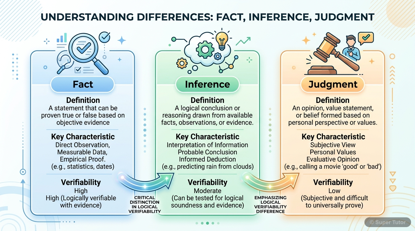 An infographic defining Fact, Inference, and Judgment, highlighting their core characteristics and the key difference between Inference and Judgment (verifiability).