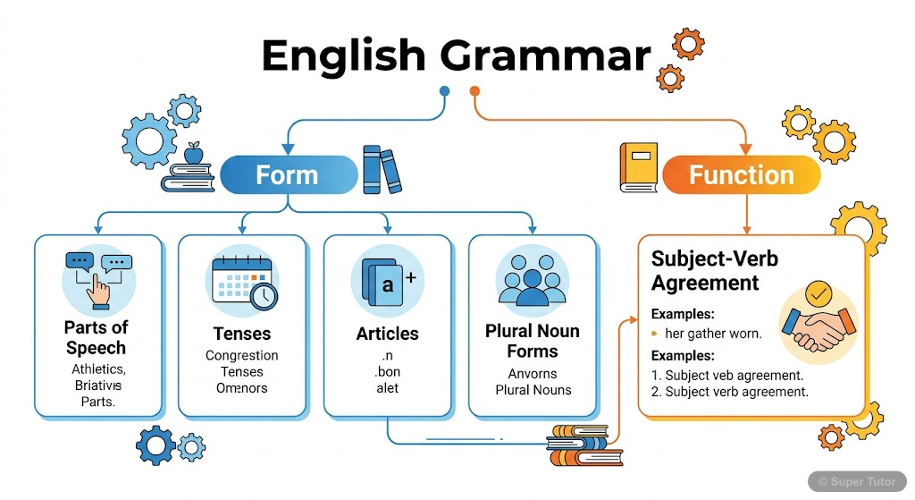 An infographic illustrating the two broad categories of English grammar: Form and Function. Form includes Parts of Speech, Tenses, Articles, Plural Noun Forms. Function includes Subject-Verb Agreement