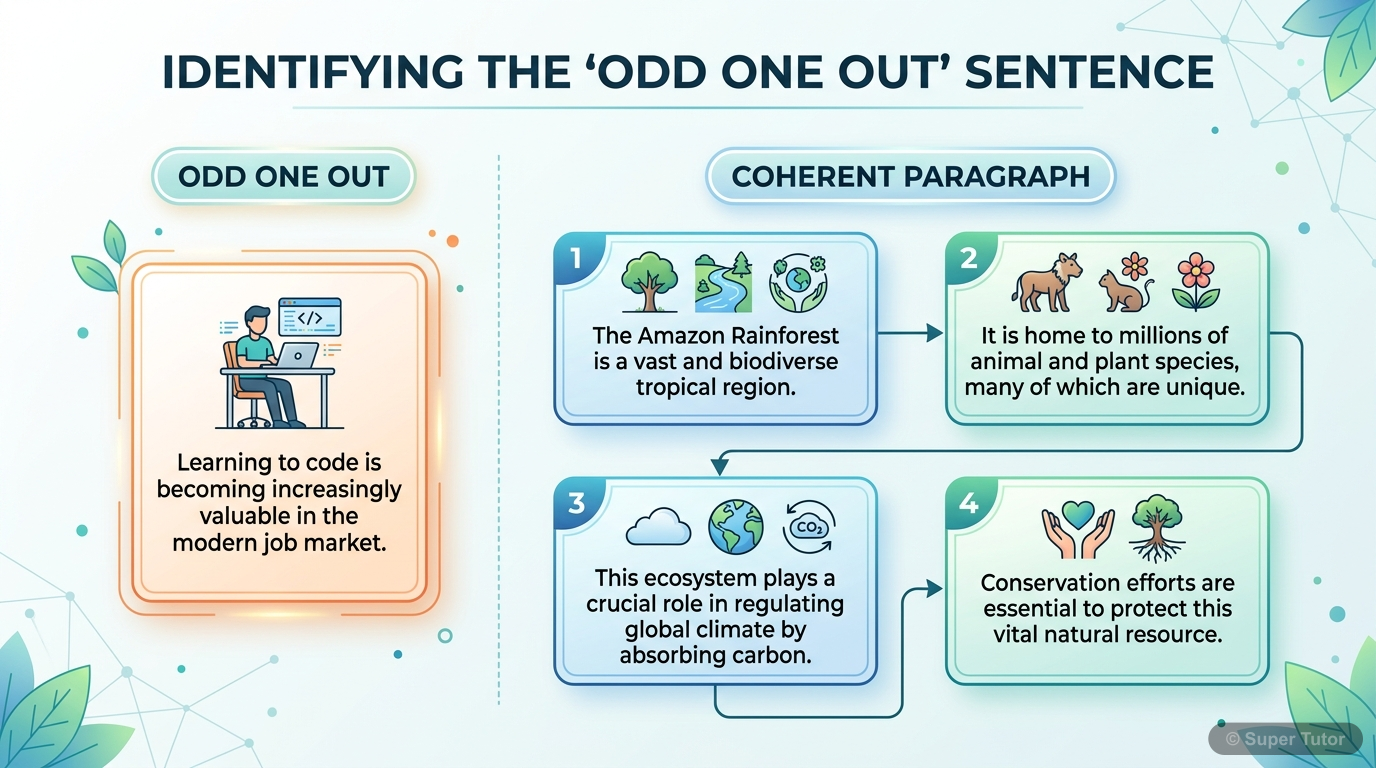 An infographic illustrating the structure of an 'Odd One Out' question, showing five sentences, four forming a coherent paragraph, and one outlier.