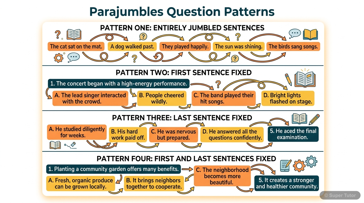 An infographic illustrating the four basic question patterns for parajumbles, showing how sentences are jumbled and which ones are fixed (anchors).