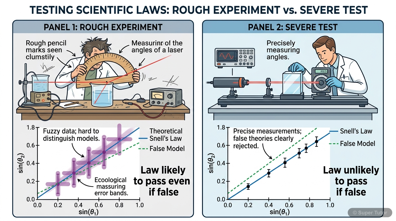 An illustration explaining Deborah Mayo's concept of a 'severe test' in validating scientific claims, using Snell's law as an example. It should show a contrast between a rough experiment (not severe)