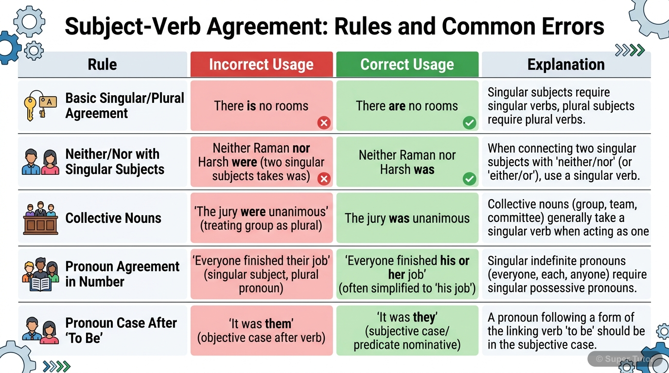 An infographic highlighting key rules and common errors in subject-verb agreement, showing incorrect and correct sentences with explanations.