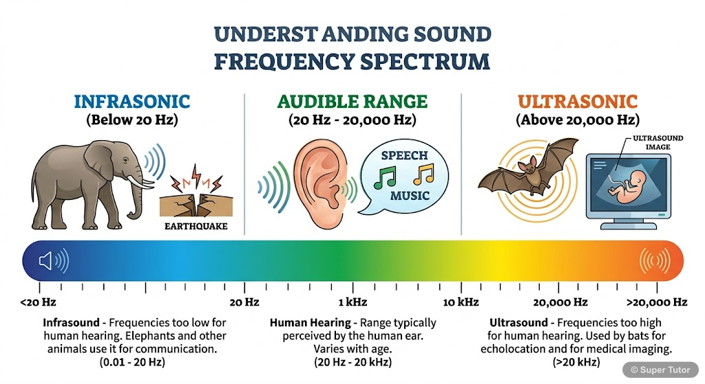 An infographic illustrating the different frequency ranges of sound waves: infrasonic (below 20 Hz), audible (20 Hz to 20,000 Hz), and ultrasonic (above 20,000 Hz). Include examples for each range.