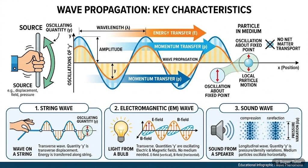 An infographic illustrating the fundamental characteristics of a wave: transfer of oscillations, energy, and momentum without net transport of matter. It should show examples of different physical qua