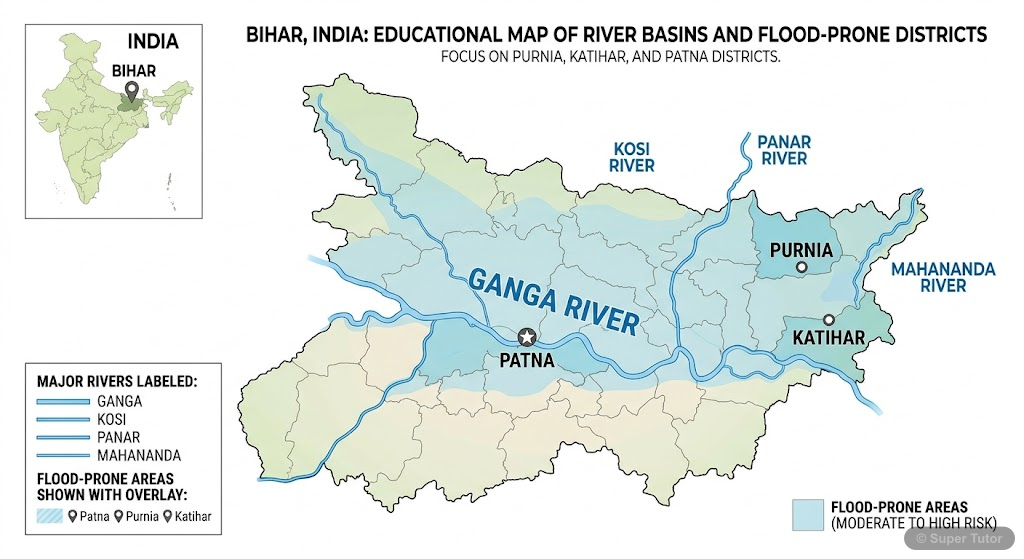 भारत के उन क्षेत्रों का एक मानचित्र जो कोसी, पनार, महानंदा और गंगा नदियों की बाढ़ से अक्सर प्रभावित होते हैं, विशेष रूप से बिहार के पूर्णिया, कटिहार और पटना जिले को उजागर करते हुए।