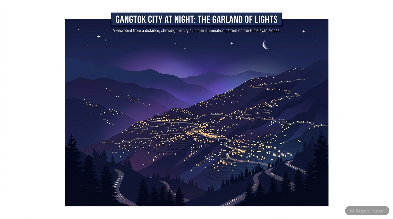 An illustration of Gangtok city at night, showing it nestled in the mountains with lights twinkling like scattered stars, creating a 'garland of lights' effect on the slopes.