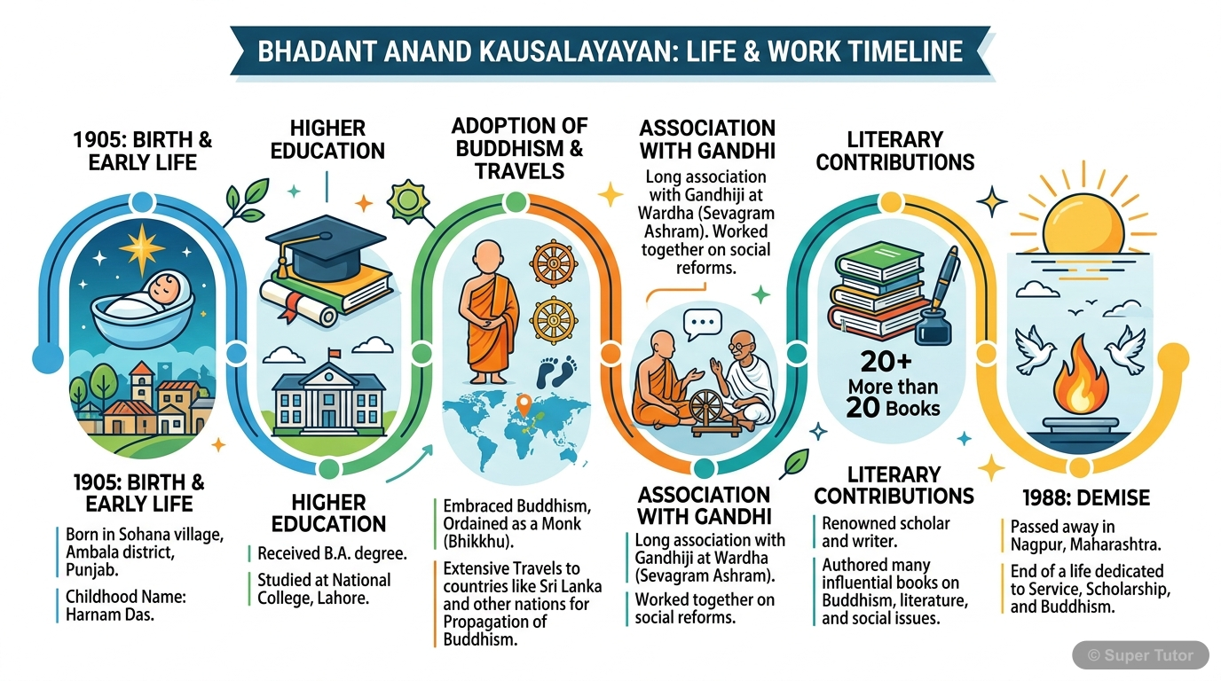 A timeline illustrating key events in Bhadant Anand Kausalyayan's life, including birth, education, becoming a Buddhist monk, travels, association with Gandhi, literary works, and death.