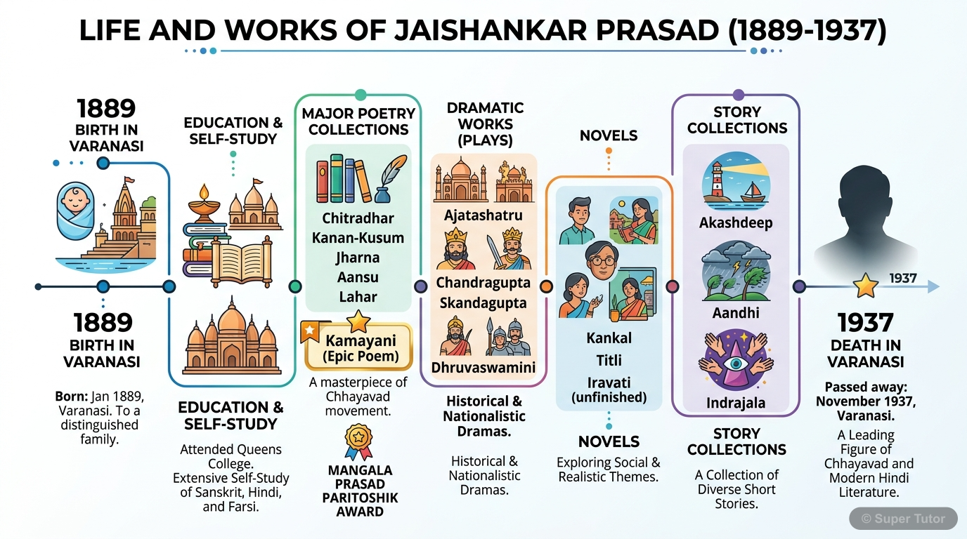जयशंकर प्रसाद के जीवन की महत्वपूर्ण घटनाओं और उनकी प्रमुख साहित्यिक कृतियों को दर्शाने वाली एक समयरेखा। इसमें जन्म, शिक्षा, प्रमुख काव्य, नाटक, उपन्यास और कहानी संग्रह शामिल होंगे, साथ ही उनके निधन की
