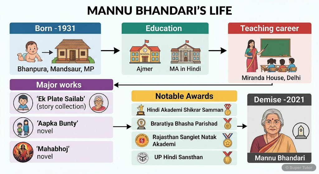 मन्नू भंडारी के जन्म, शिक्षा, प्रमुख रचनाओं, अध्यापन कार्य, पुरस्कारों और देहांत को दर्शाने वाली एक समयरेखा।