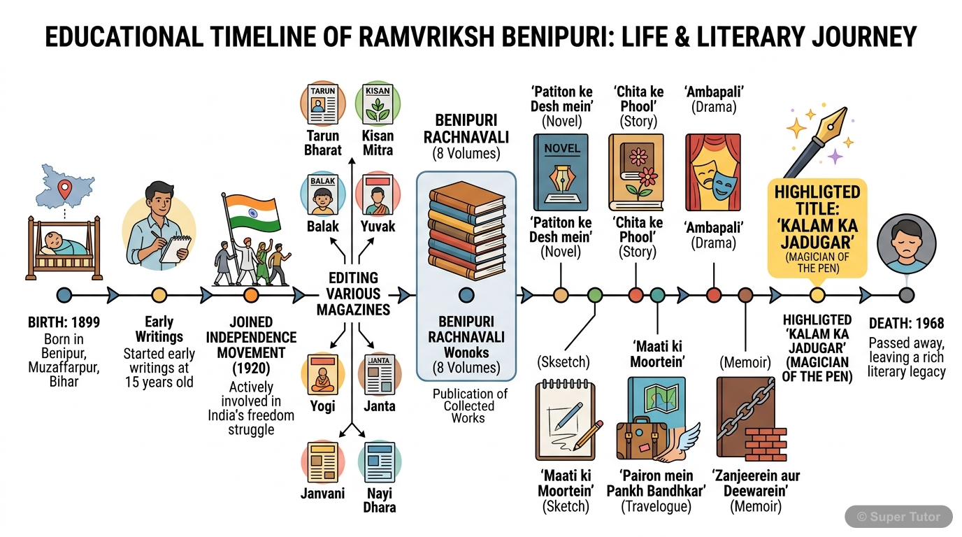 A timeline illustrating key events in Ramvriksh Benipuri's life, including birth, joining the independence movement, major literary works, and death.