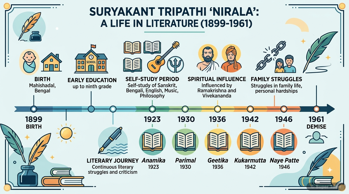 सूर्यकांत त्रिपाठी 'निराला' के जीवन की महत्वपूर्ण घटनाओं, जन्म, शिक्षा, पारिवारिक संघर्ष, साहित्यिक यात्रा और निधन को दर्शाने वाली एक समयरेखा।
