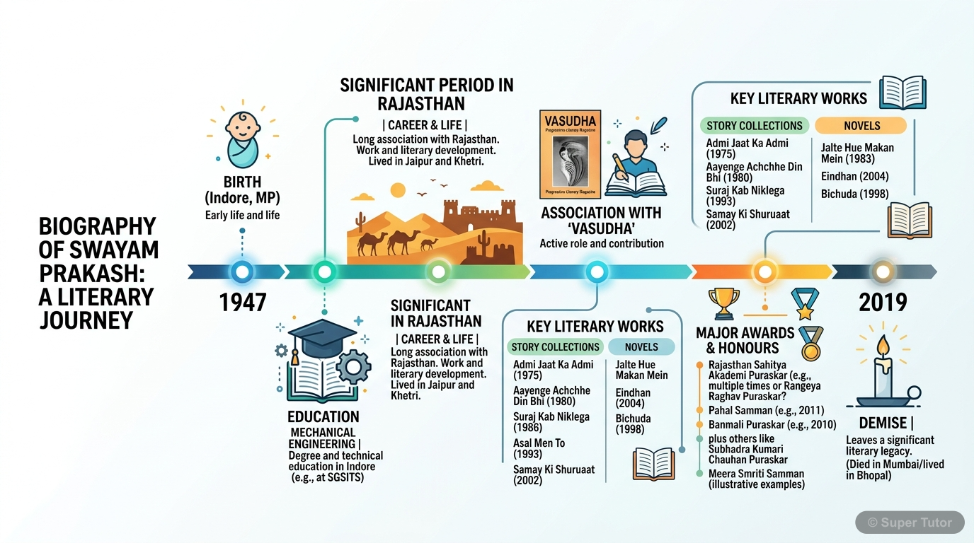 A timeline illustrating key events in Swayam Prakash's life, including birth, education, career in Rajasthan, association with Vasudha magazine, publication of notable works, awards, and demise.