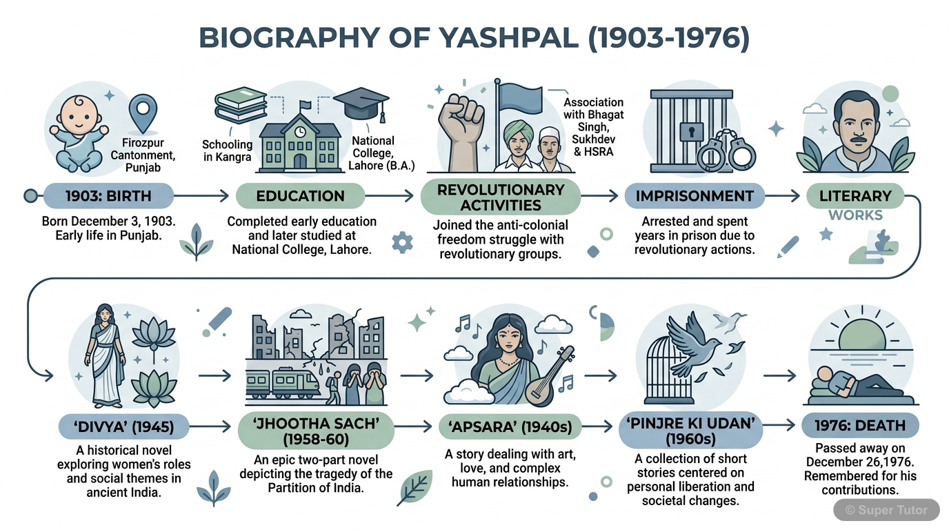 A timeline illustrating key events in Yashpal's life, including his birth, education, association with revolutionaries, imprisonment, and death, alongside his major literary works.