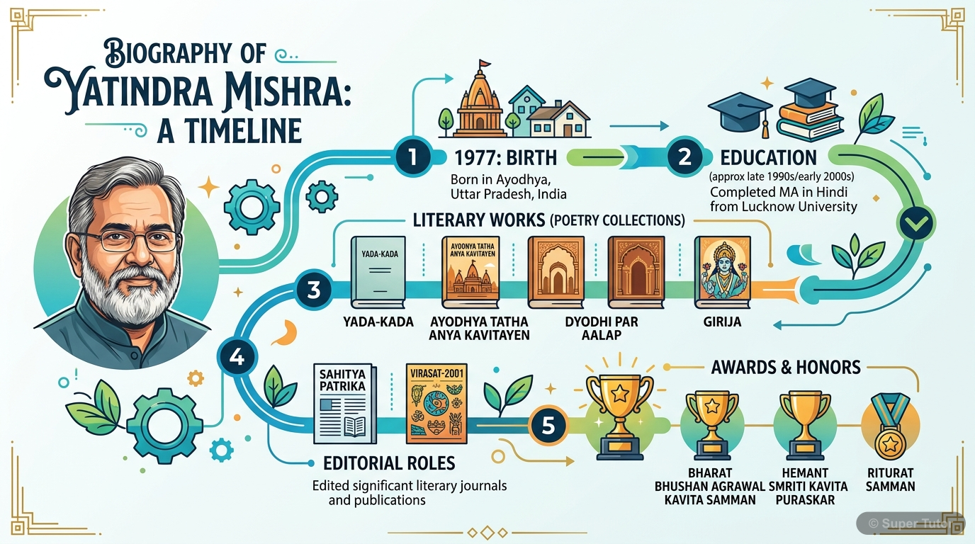 यतींद्र मिश्र के जन्म, शिक्षा, साहित्यिक कार्य और पुरस्कारों को दर्शाने वाली एक समयरेखा।