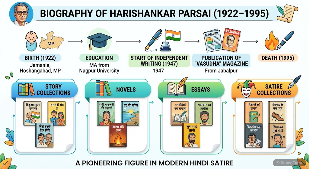 An infographic detailing the life and literary contributions of Harishankar Parsai, including his birth, education, literary career, key works, and death. Highlight his role as a leading satirist in H