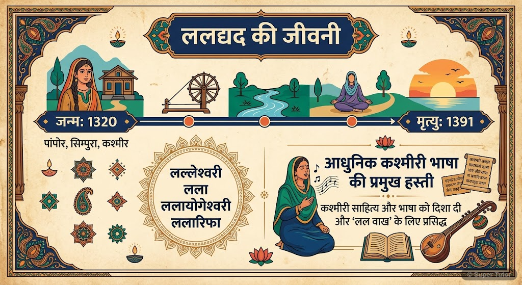 ललद्यद: जीवन परिचय An infographic detailing the key biographical information of the Kashmiri saint-poetess Laldyad, including her birth, death, alternative names, and her significance in Kashmiri literature.