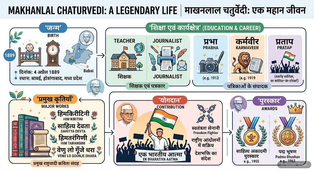 माखनलाल चतुर्वेदी: जीवन परिचय An infographic detailing the life and contributions of Makhanlal Chaturvedi, including his birth, education, career as a teacher and journalist, key literary works, awards (Padma Bhushan, Sahitya Akad