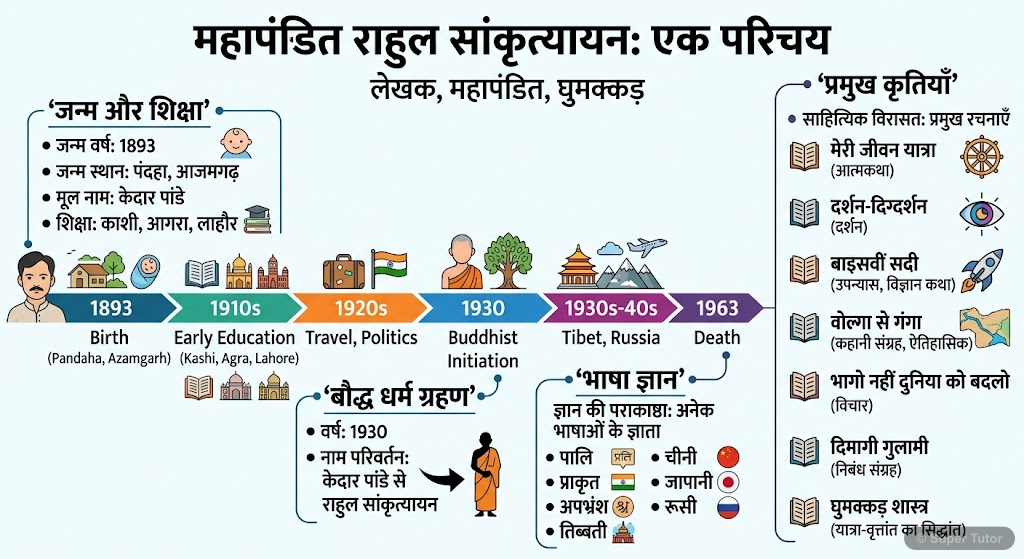 An infographic detailing the key life events, education, name change, linguistic knowledge, and major literary works of Rahul Sankrityayan.