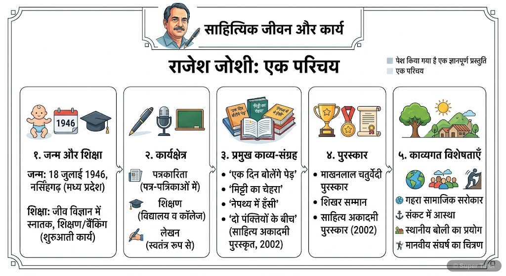 राजेश जोशी: कवि परिचय An infographic detailing the life and literary contributions of poet Rajesh Joshi, including his birth, education, career, major works, awards, and the core themes of his poetry.