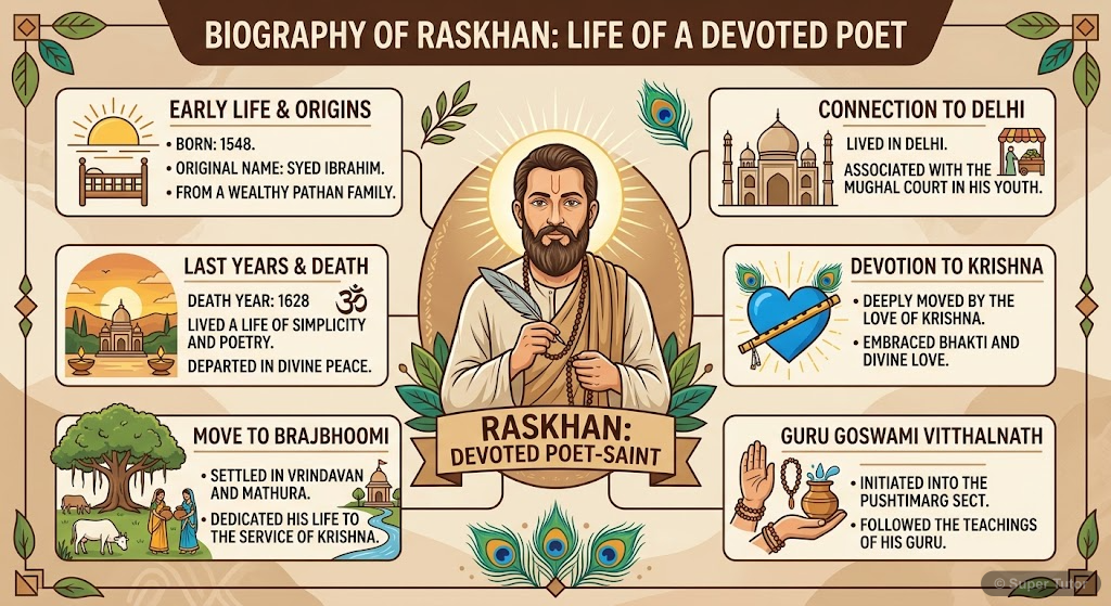 रसखान: जीवन परिचय An infographic detailing the key biographical information of poet Raskhan, including his birth year (1548), original name (Syed Ibrahim), place of origin (near Delhi), devotion to Krishna, spiritual i