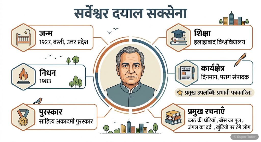सर्वेश्वर दयाल सक्सेना: जीवन परिचय An infographic detailing the life and literary contributions of Sarveshwar Dayal Saxena, including his birth, education, career, major works, and awards.